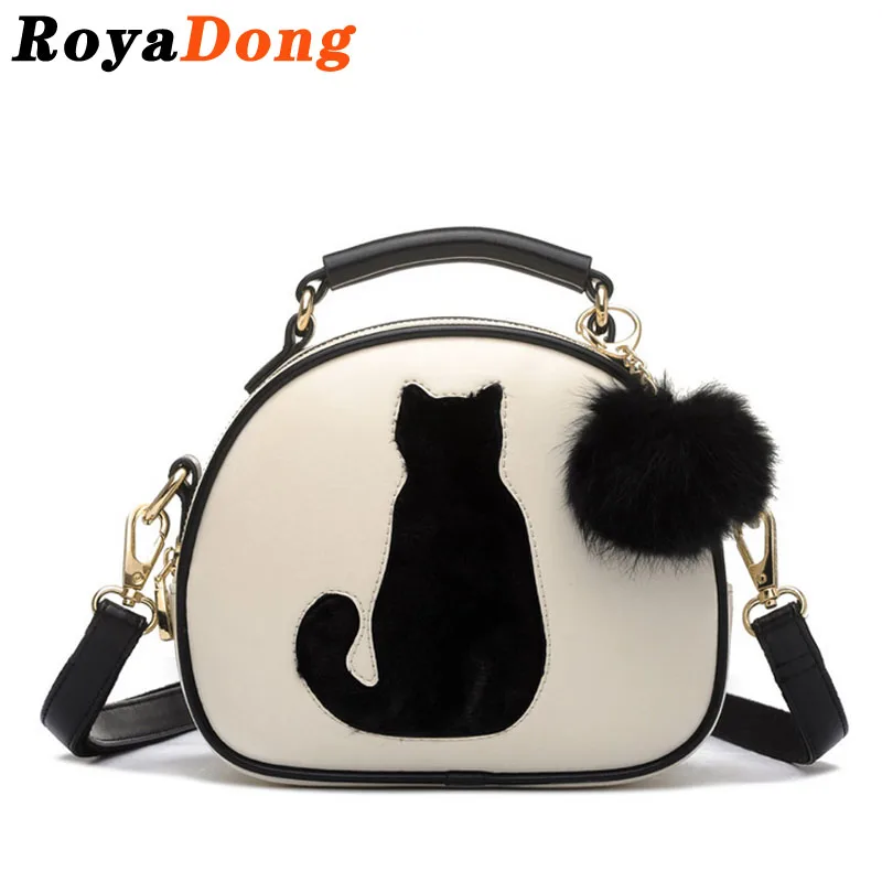 RoyaDong 2017 Women Shoulder Bags Crossbody Bag For Women Handbag PU Leather Full Moon Candy Color Cute Cat With Fur Ball