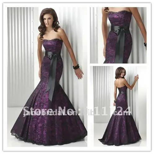 Plum Satin With Black Lace And Belt Wedding Dress In Plum Satin With Black Lace And Belt Wedding Dress