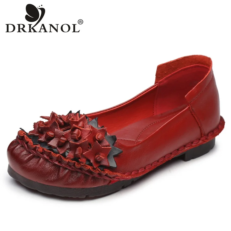 

DRKANOL Handmade Vintage Genuine Leather Women Casual Flat Shoes Fashion Flowers Slip On Flats Loafers Soft Flowers Women Shoes
