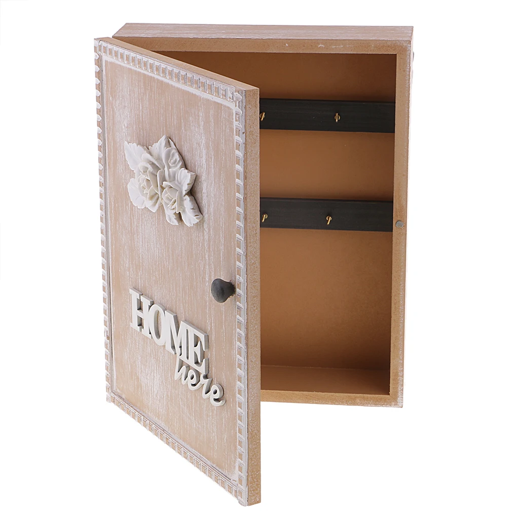 Shabby Chic Style Wooden Key Storage Box Wall Mount Shelf Cabinet Cupboard Rack with 6 Hooks Home Organizer for Letter