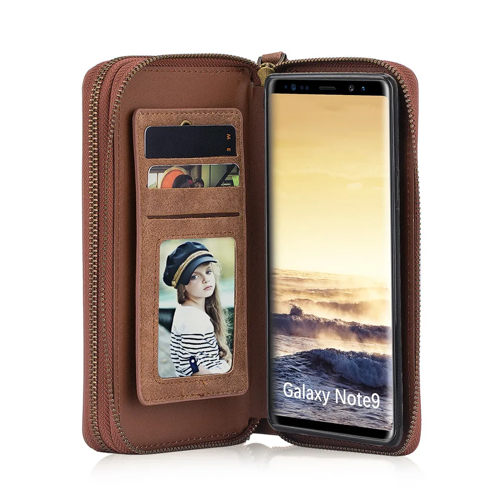 Популярный чехол-кошелек с двойной молнией для Galaxy Note9 Note8 Note3 Note4 S8 S9 S7 S6 S5 Слот для карт памяти кожаный чехол-кошелек с черной крышкой