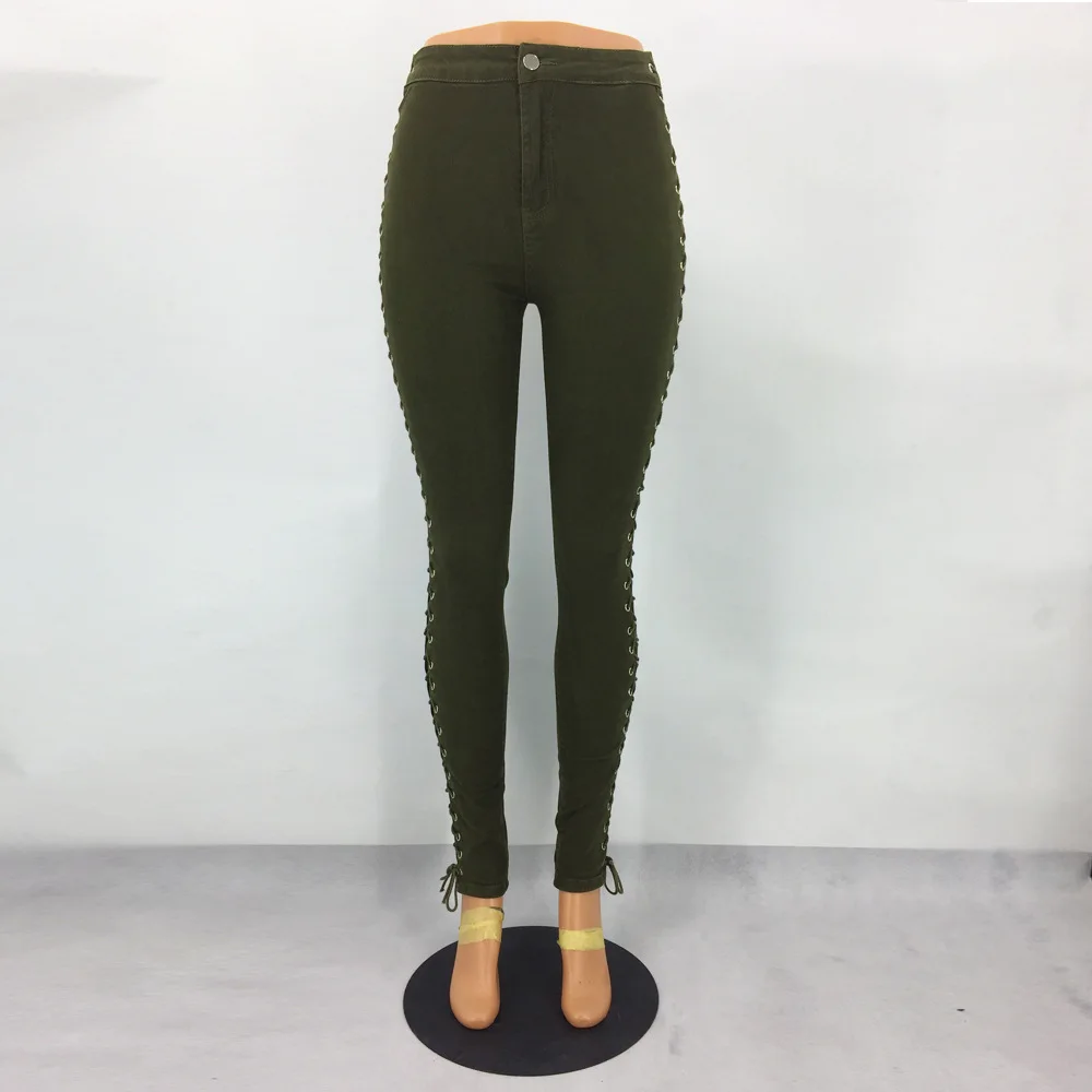 Новые рваные джинсы женские с высокой талией джинсовые брюки для женщин боковой металлический галстук веревка Сексуальные облегающие