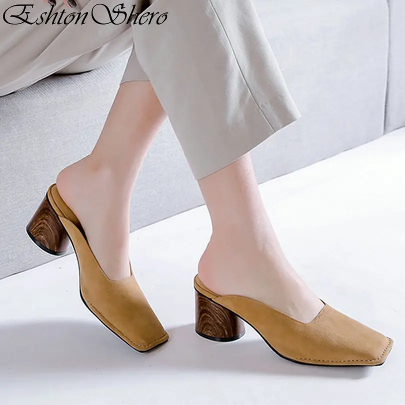 

EshtonShero 2019 Woman Shoes Leather Pumps High Heel Square Toe Slingback Kid Suede Platform Ladies Wedding Shoes Size 3-8