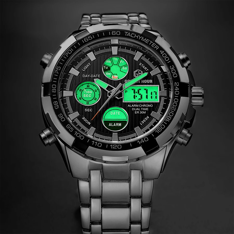 GOLDENHOUR Men Fashion Sport Quartz Watch Mens Military Waterproof Auto Date Wristwatches Luminous