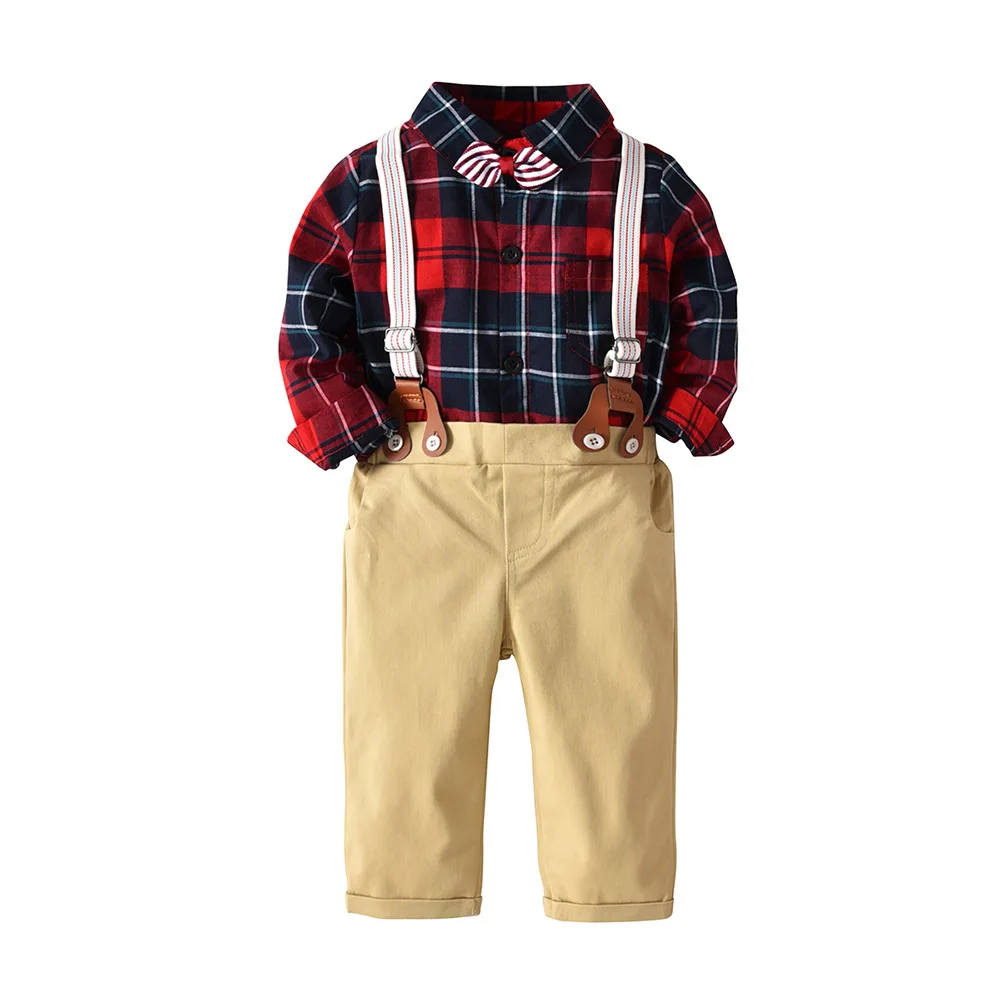 

Baby Boy Clothes Kids Clothes cotton 2019 spring autumn new Long sleeve red plaid shirt + bib British gentleman suit