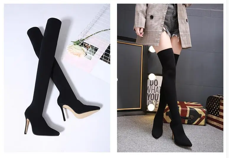 JINJOE/зимние женские сапоги; эластичные высокие сапоги; модные пикантные ботфорты; обувь на каблуке; женские чулки; эластичные сапоги