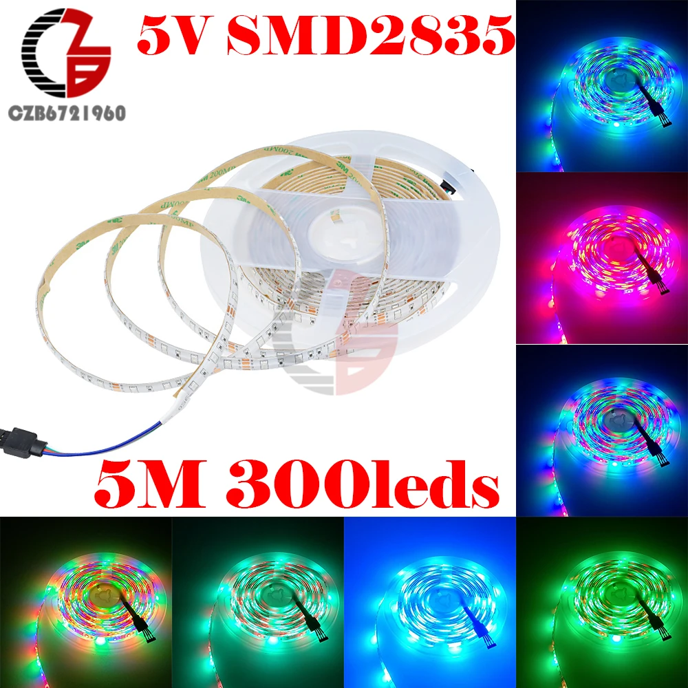 

5M SMD 2835 RGB LED Strip Light 5V 300leds 60leds/m Flexible Non-Wateproof Cabinet Kitchen TV Background Lighting