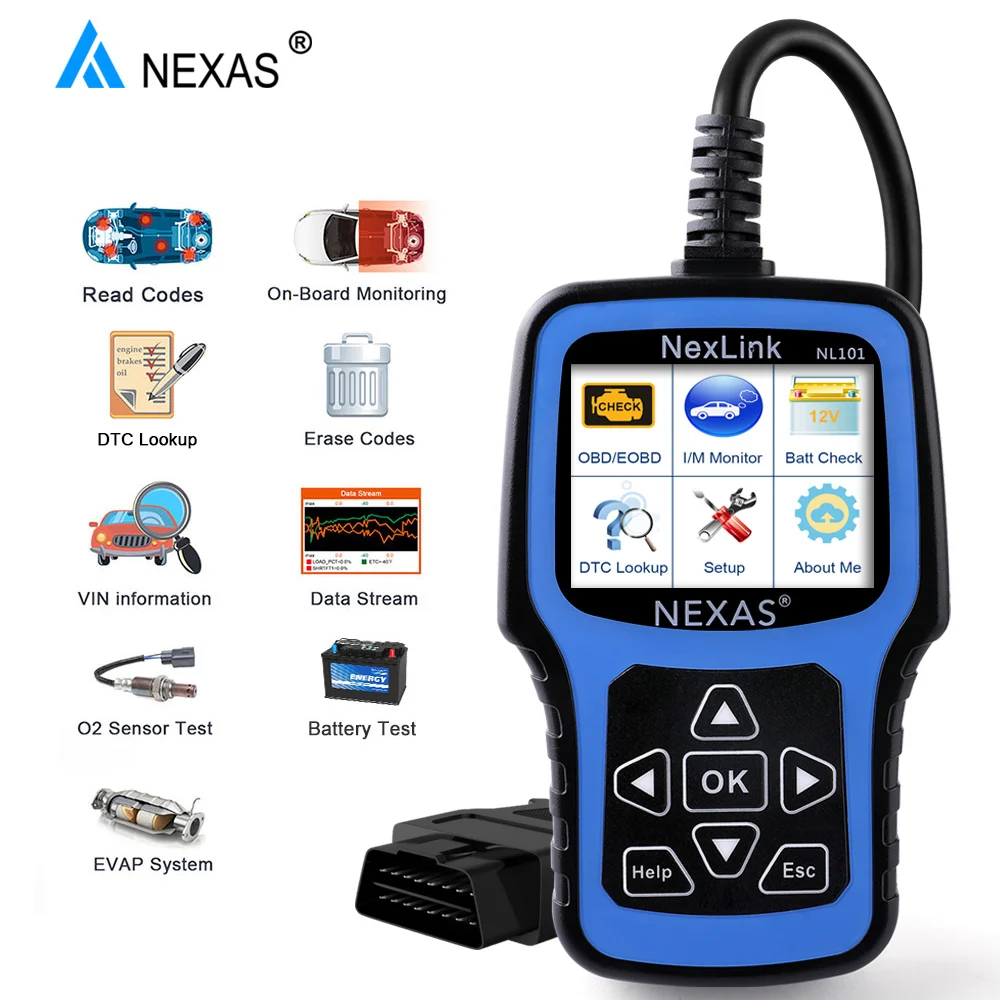 NEXAS NL101 OBD2 автомобильный сканер OBD OBD2 считыватель кодов неисправностей в режиме реального времени EVAP PK CR3001 ELM327 EOBD OBDII диагностический инструмент