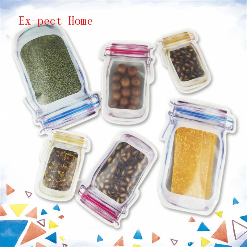 

400pcs/lot Wholesale Mason Jar Shaped Food Container Plastic Bag Clear Mason Bottle Modeling Zippers Storage Snacks Plastic Box