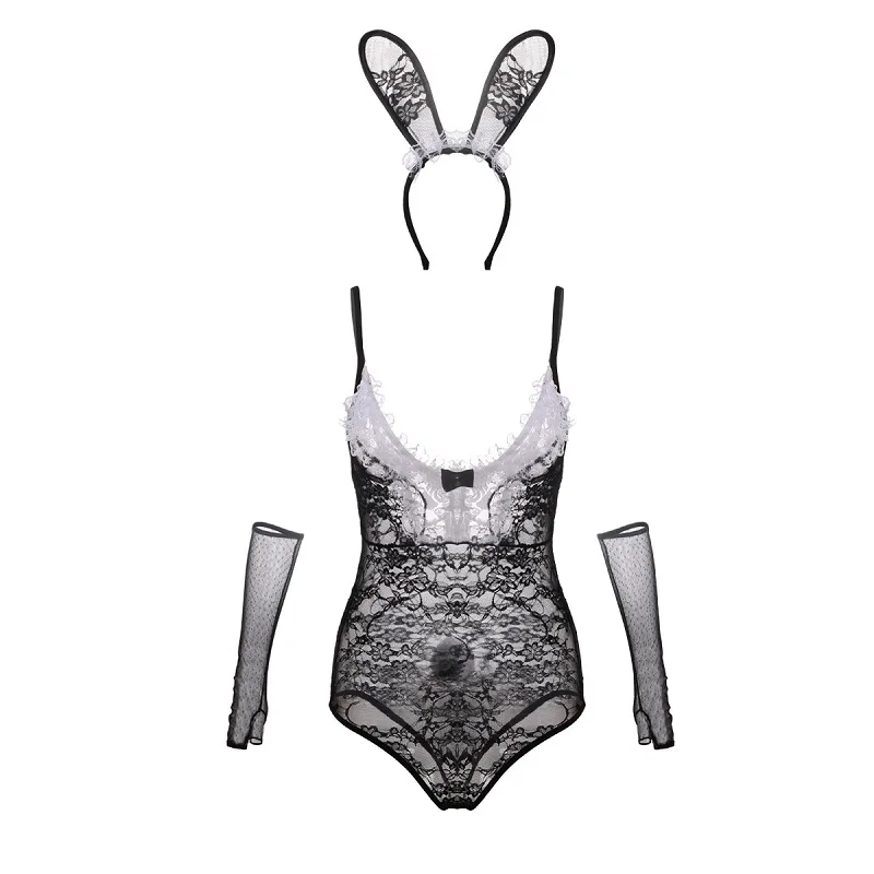 

2019 Sexy Lingerie Women Open Crotch Hollow Out Erotic Underwear Lace Transparent Bandage Sexy Bunny Girl Babydoll Costumes