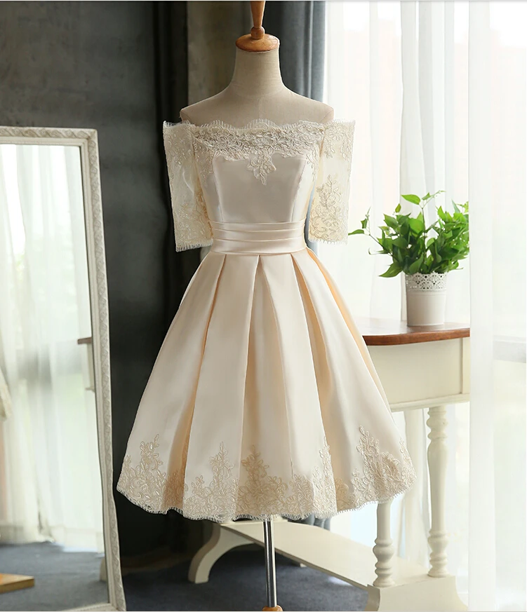 Spitze Satin Short Abendkleid mit Ärmeln Schulterfrei Jugendliche Abendkleid  in Rot Erröten Rosa Champagner|dress up women and girls|dresses blackdress  unisex - AliExpress