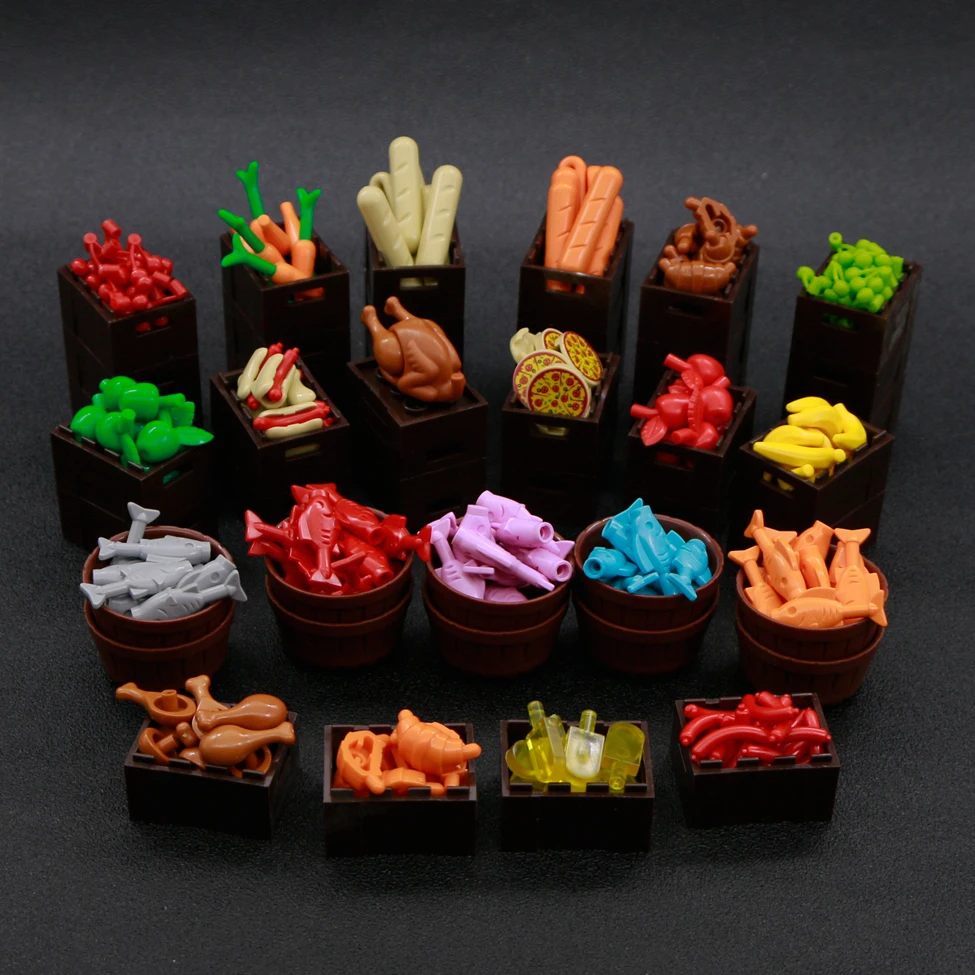 

Building Blocks City Accessories Food Pizza Carrot Cherry Banana Fish Basket Hot Dog Fruit Brick Toy Friends Legoed Figure Parts