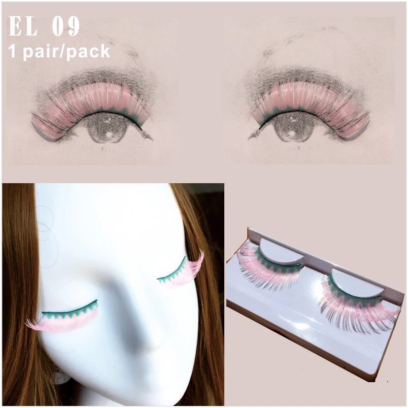

EL09 1 Pair/Set Pink Green Mixed Sweet Exaggerated False Eyelashes Masquerade Art Fashion Performance Dance Makeup