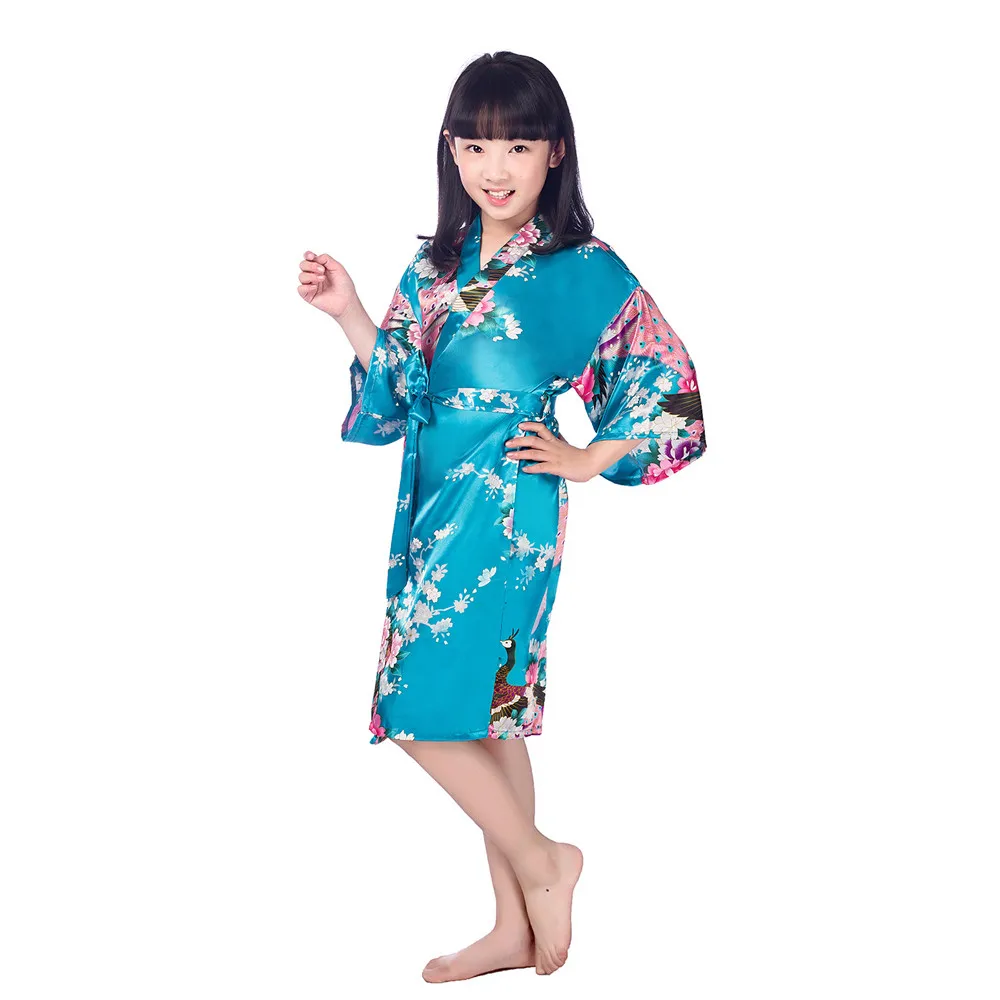 Фиолетовое детское атласное кимоно с цветочным рисунком; халат подружки невесты; платье с цветочным узором для девочек; детский халат; одежда для сна; домашний халат для маленьких детей