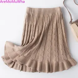AreMoMuWha Новый Демисезонный сладкий оборками трикотажные юбки Для женщин тонкий Высокая Талия плиссированная юбка элегантные универсальные