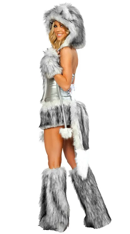 Женский сексуальный серый пушистый Костюм Волка из искусственного меха, Костюм Волка для костюмированной вечеринки