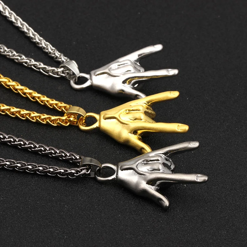 Shellhard Rock Hand Gesture Pendant Necklace I LOVE YOU Gesture Punk Rock&Roll Hand Chain Necklaces Fashion Hip Hop Jewelry