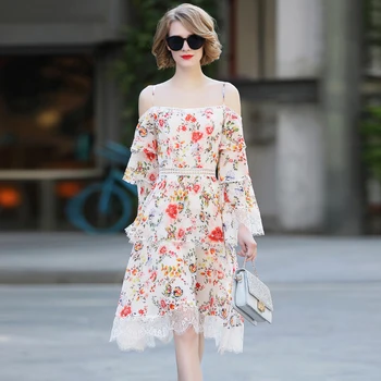 

High Quality 2019 Spring Summer New Women'S Party Fashion Star Beach Boho Vintage Elegant Sweet Sexy Print Chiffon Lace Dress