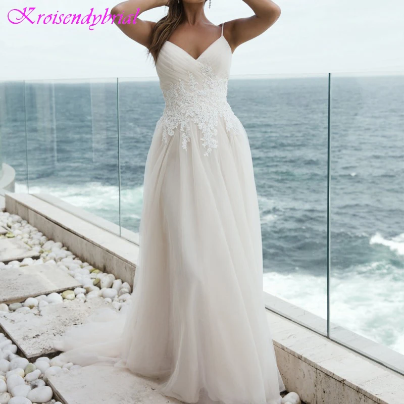 

DZW568 2019 Beach Wedding Dress Spaghetti Straps Lace Bodice Tulle A Line Dresses Simple Elegant Open Back Bridal Gowns