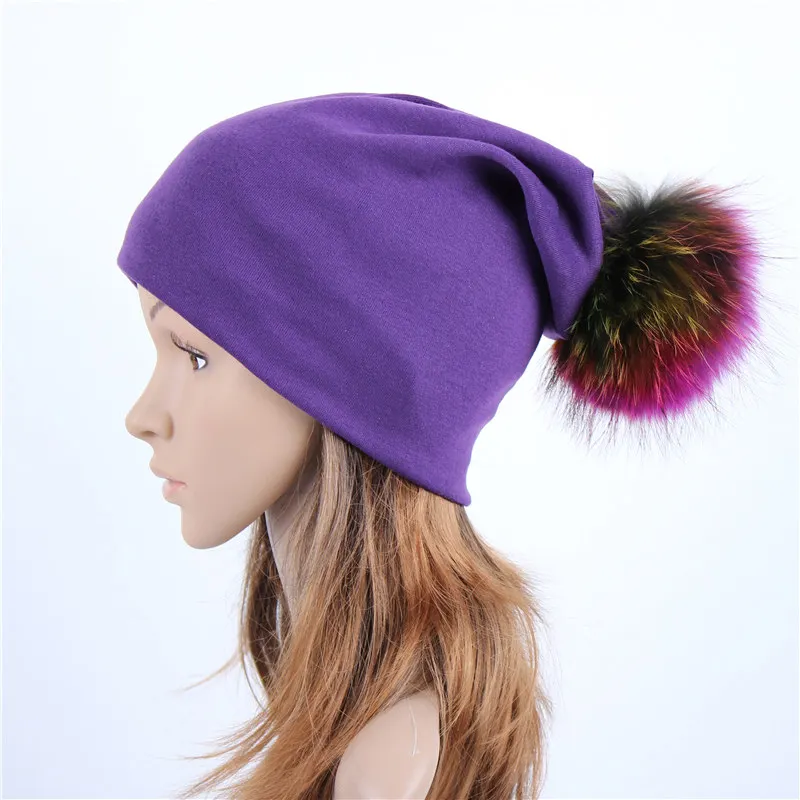 Purple C Geebro, женская шапка, осенняя, повседневная, цветная, с помпонами, громоздкая, шапочки, для девочек, Лисий мех енота, с помпоном, женская, с помпоном, шапка Skullies - Цвет: Purple C