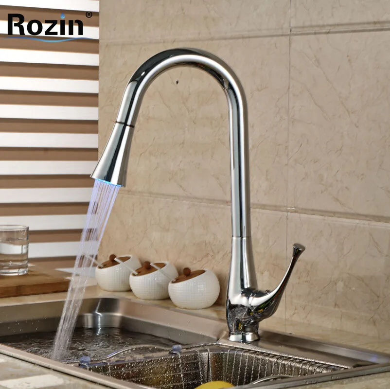 Deck Mount LED Light Rotation Kitchen Sink Mixer Water Faucet Single Lever Brass Pull Out Kitchen