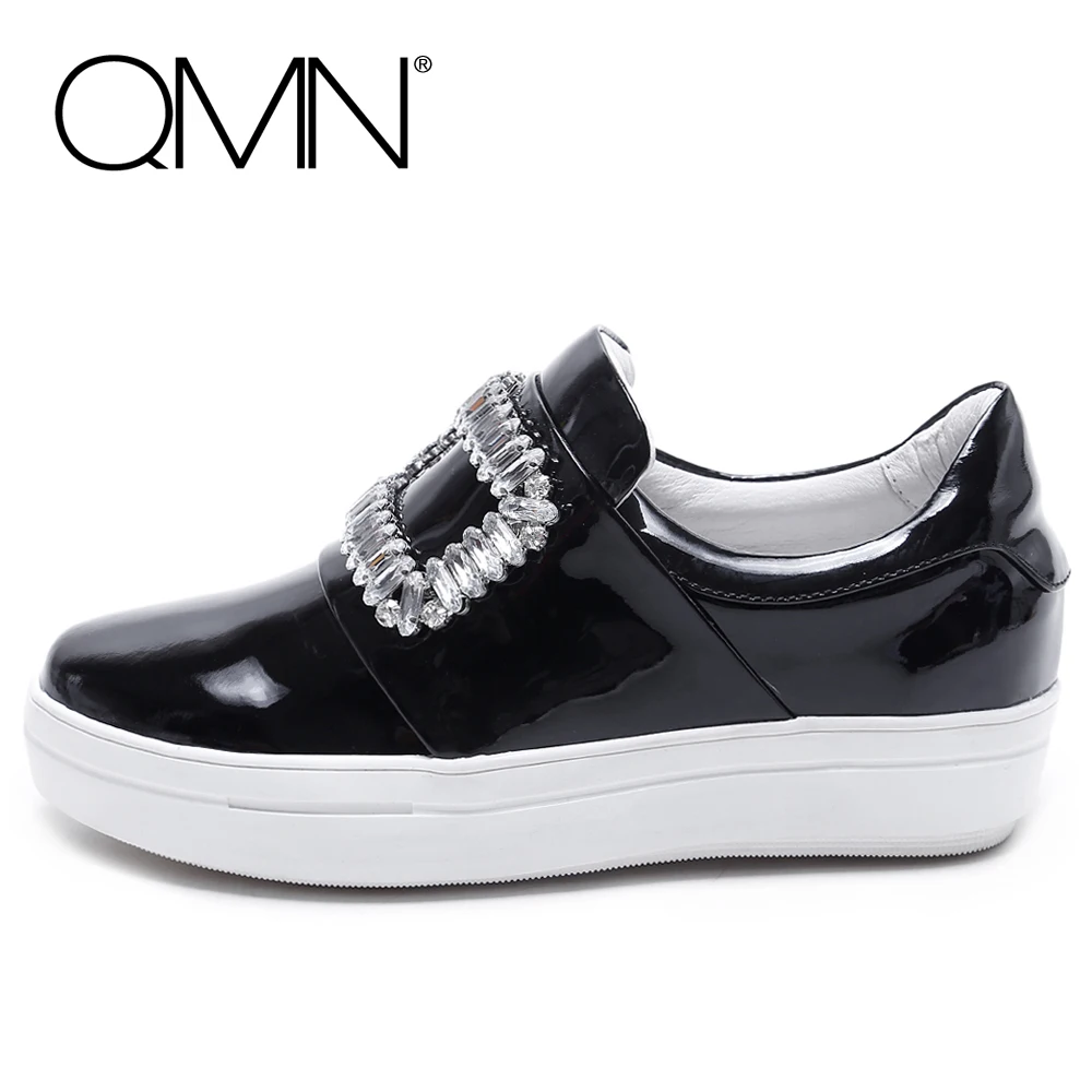 QMN women genuine leather platform flats Women Crystal Embellished Leather Loafers Slip On Leisure Shoes Woman Flats 34-39