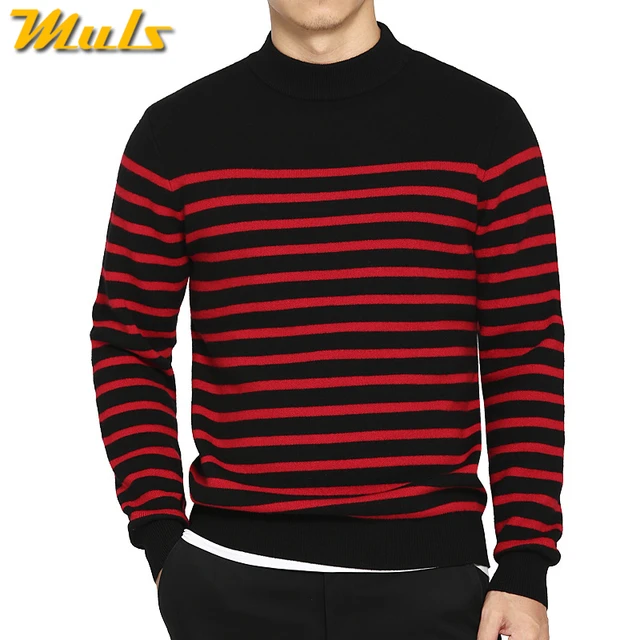 100% Wool sweater men turtleneck striped pure woolen mens