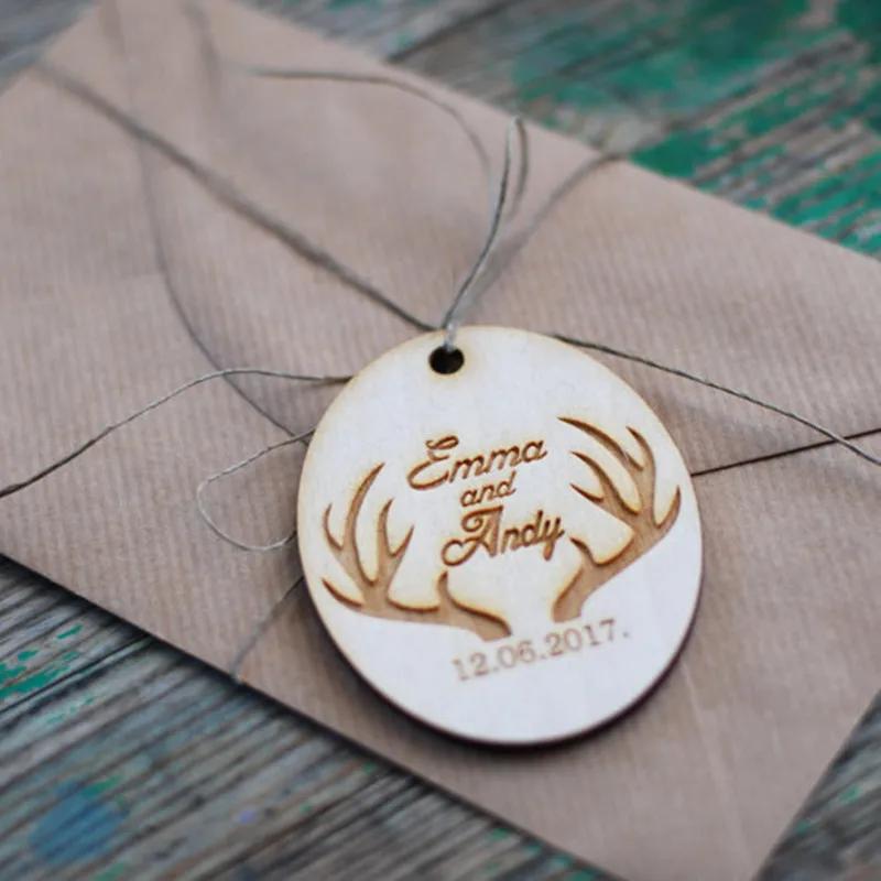 50pcs Personalized font b Customized b font Name Date Wooden Wood Antler Gift Invitation Cards Tags