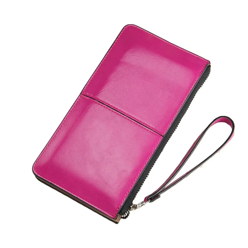 Women Famous Brand Oil Wax Leather Zipper Clutch Wallet,Female Candy Color Burglar Robbed Purse,Lady Multi-function Phone Wallet