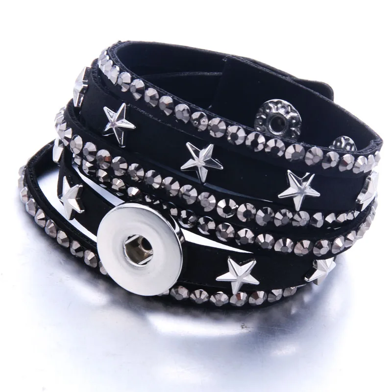 New Star Snap Button Jewelry Leather 18mm Snap Button Bracelet Punk Multilayer Leather Bracelet Armband Snaps Jewelry 1256 - Окраска металла: black