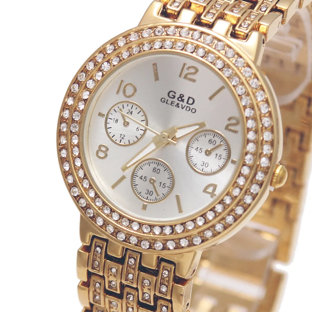 2017 Топ люксовый бренд G & D Для женщин Часы кварцевые наручные часы Нержавеющая сталь Crytal золотой браслет леди Часы Relojes Mujer подарок