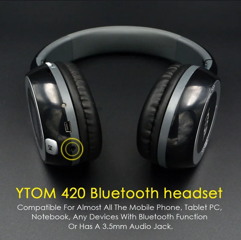YTOM Складная bluetooth-гарнитура с ЖК-дисплеем, стерео гарнитура, аудио наушники, беспроводные наушники, поддержка FM TF 3,5