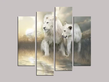 

4 pcs wall craft art about "Two lions" oil painting print on canvas wall pictures for bedroom living room home decor RM4-021