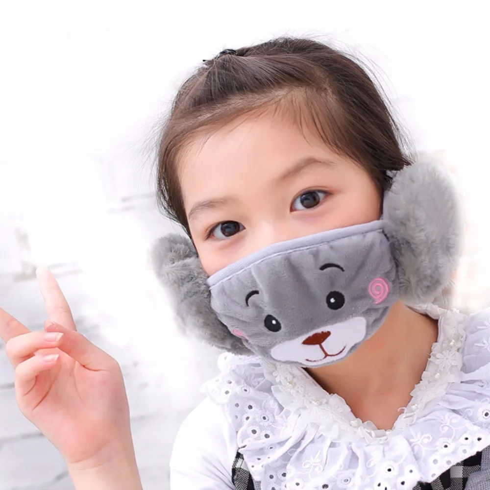 Winter Plush Mouth-Masks For Children Earloop Face-Mouth Mask Warm And Dustproof Gray Cartoon Bear Pattern (7)