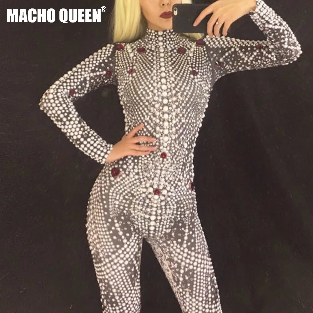 

Full Pearl Crystals Jumpsuit Rhinestone Bodysuit Costume Sparkly Rompers Women Outfit Diamonds Bodysuit Birthday Party Wear