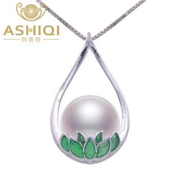 

ASHIQI 925 Sterling Silver Enamel Lotus Freshwater Pearl Necklaces Pendant Chinese Ethnic style 10-11mm Natural pearls jewelry