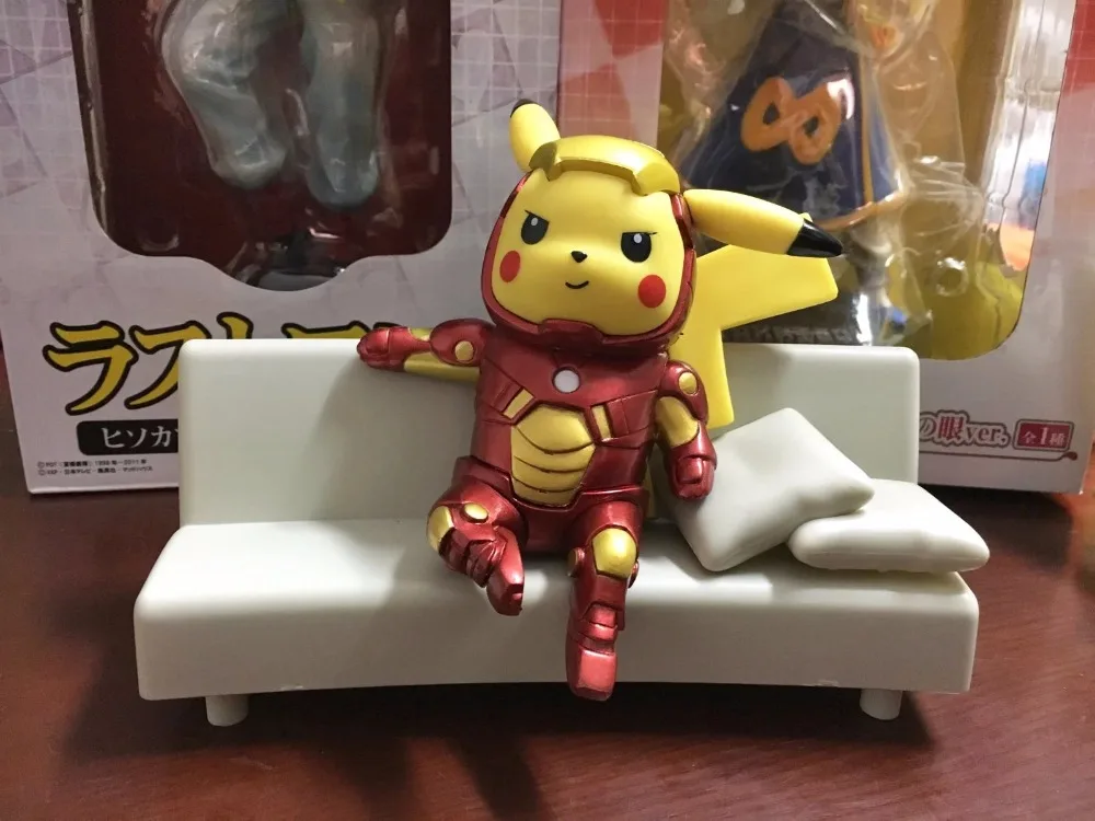 

Pocket Monster Pikachu Cos Iron Man with Sofa PVC Figure Collectible Model Toy Two Colors 13cm