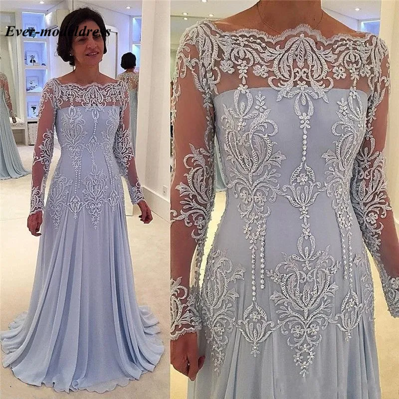 

2018 Vintage Mother Of the Bride Dresses Long Sleeve Illusion Back Neck Appliques Beading Chiffon Plus Size Customized Cheap