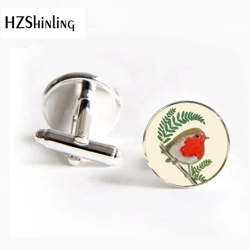 

2018 New Fashion Beautiful Birds Cufflinks Red Robin Bird Glass Cuffs Cute Birds Jewelry Glass Round Silver Cufflink Accessory