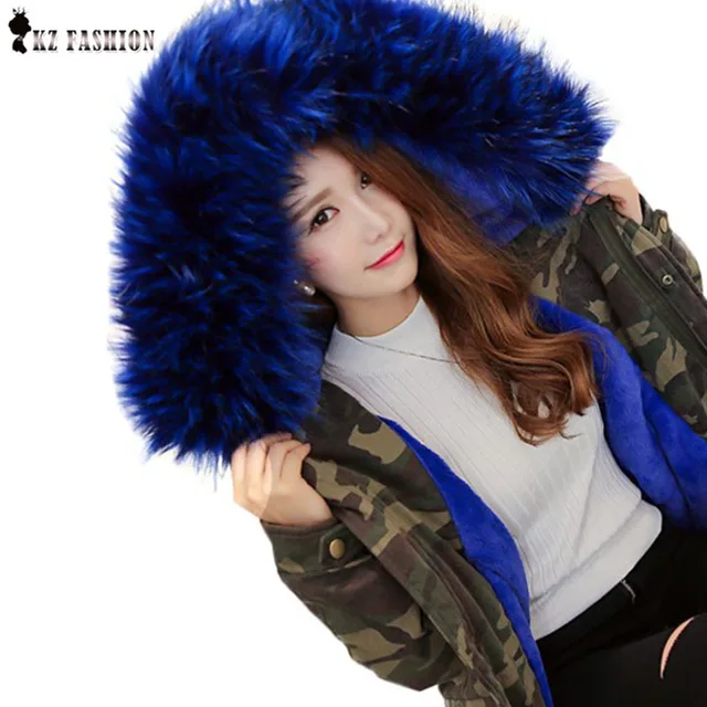 Cheap 2016 New Women Winter Jackets Blue Gorgeous Fur Collar Warm Thick Camouflage Coat Army Green Military Outwear Clothes  C6O146R