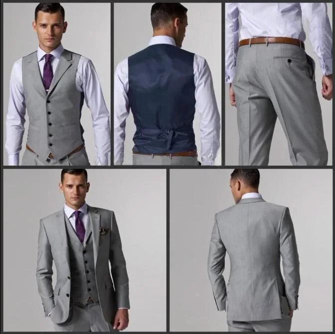 

Custom made Two Buttons Light Grey Groom Tuxedos Best Man Notch Lapel Groomsmen Men Wedding Suits Bridegroom Jacket+Pants+Tie