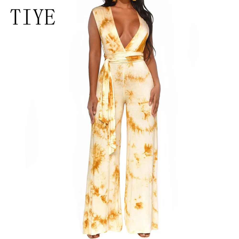 

TIYE Sexy Deep V-neck Cross Bandage Loose Jumpsuits with Belt Elegant Hollow Out Wide Leg Playsuits Women Casual Summer Wear