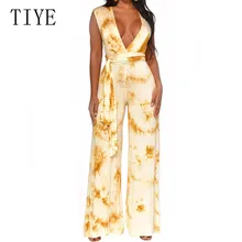 TIYE Sexy Deep V-neck Cross Bandage Loose Jumpsuits with Belt Elegant Hollow Out Wide Leg Playsuits Women Casual Summer Wear TIYE Sexy Deep V-neck Cross Bandage Loose Jumpsuits with Belt Elegant Hollow Out Wide Leg Playsuits Women Casual Summer Wear