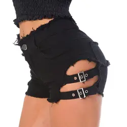 Летние сексуальные женские рваные джинсовые шорты с вырезами, повязки в стиле панк-рок, высокая талия, потертые рваные джинсы, черные шорты