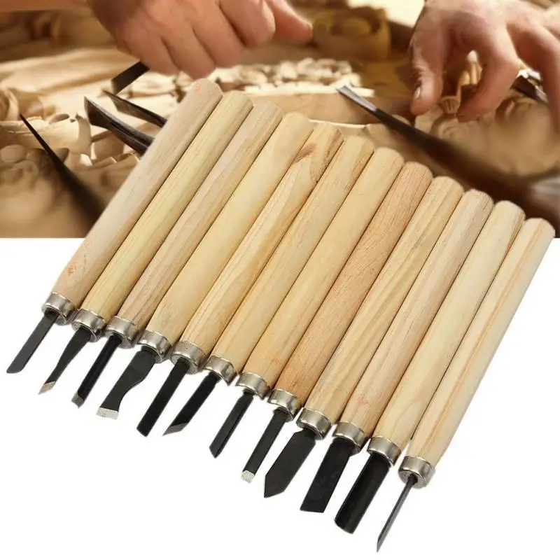 

High Quality 12pcs/Set Hand Wood Carving Chisels Knife For Basic Woodcut Working DIY Wood Carving Tools Iron With Wood Handle