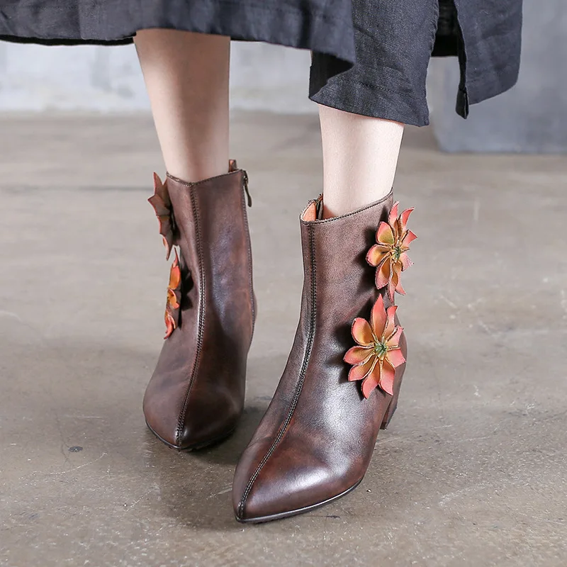

Genuine Leather Women Knight Boots Pointe Toe 4 CM Heels Gray Autumn Flower Shoes 2018 Retro Handmade Women Leather Martin Boots