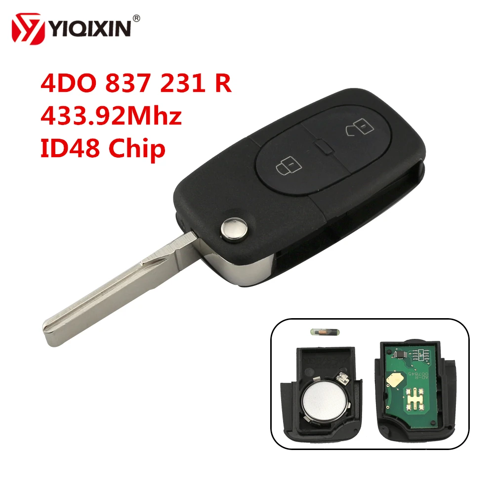 

YIQIXIN 433.92Mhz 2 Button Folding Flip Remote Car Key With ID48 Transponder Chip For Audi A2 A3 A4 A6 A8 TT RS4 4DO 837 231 R