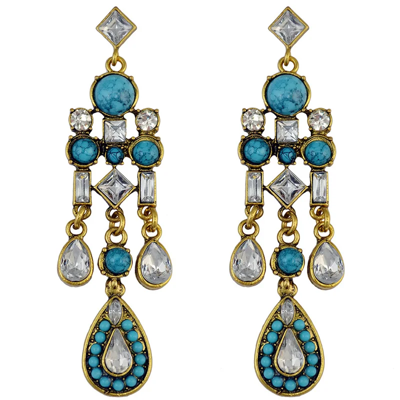 Image Women s Wild Tassels Turquoises Crystal Drip Gold Plated Dangle Earrings orecchini pendenti Party Gift