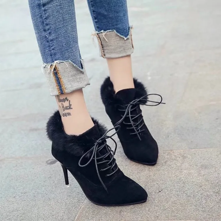 

Fashion Sexy Lace-up Winter Ankle Boots Women High Heels boots Short Plush Pointed Toe Fashion Motorcycle women martin Boots