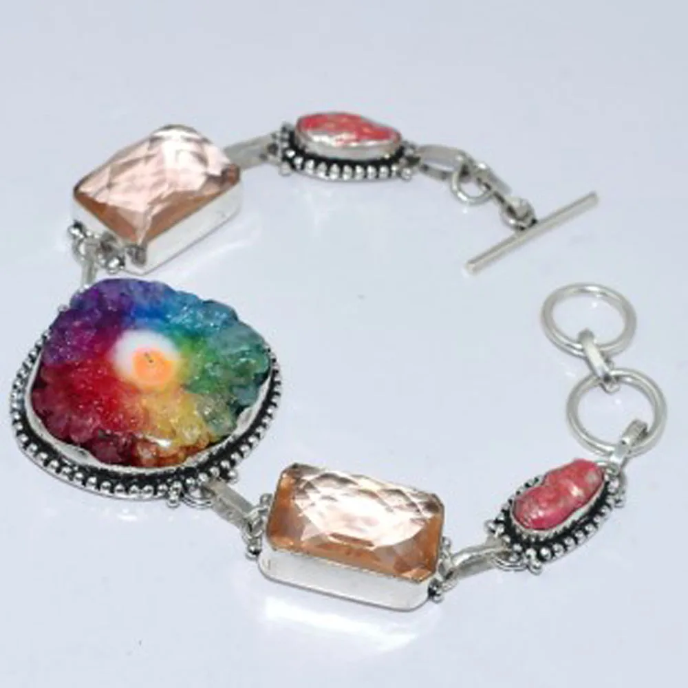 

Peach Topas & Solar Quarts& Biwa Pearls Bracelet Silver Overlay over Copper, 21.5cm , B3375